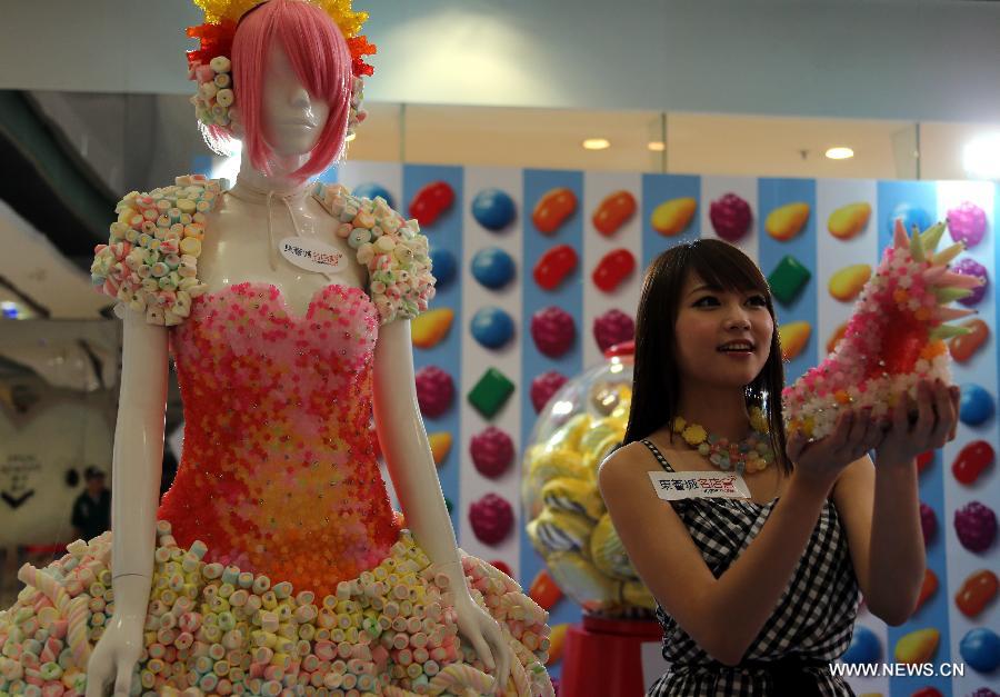 Shoes, apparels made of candies on show in HK