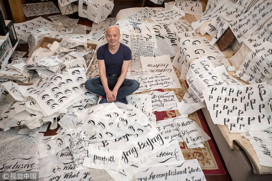 Man who loves writing English words with brush pen