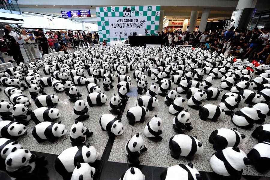 Paper pandas seen at Hong Kong International Airport