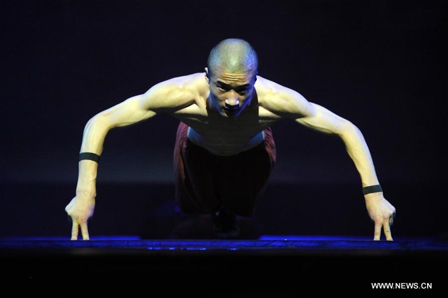 Shaolin monks perform during media preview in Singapore