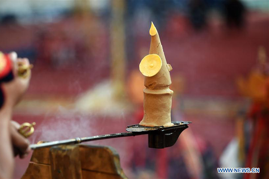 Monks attend Sur offering ritual in Zhaxi Lhunbo Monastery in Tibet