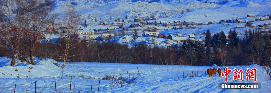 新疆北部山區(qū)村莊雪景醉人