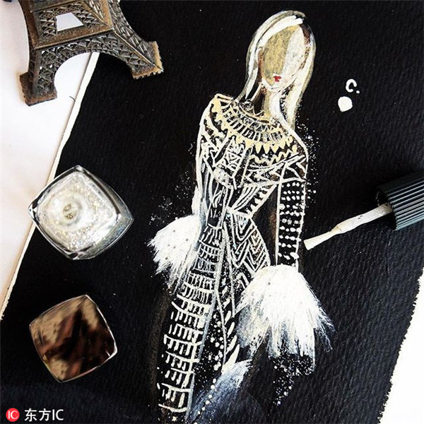 Fantasy fashion sketches made with nail polish