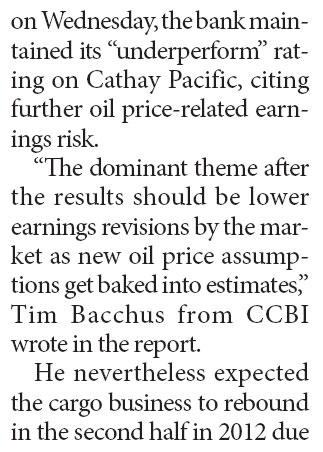 Cathay Pacifi c posts 61% net profit plunge in 2011