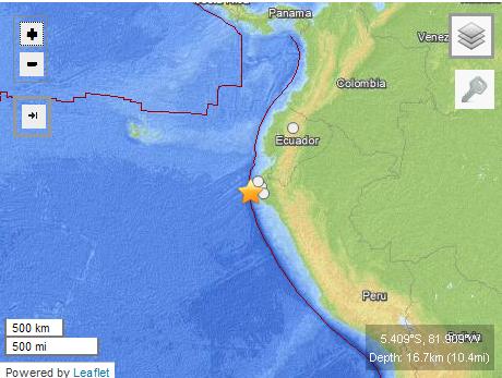 秘魯西北部海域發(fā)生6.2級(jí)地震 暫無(wú)傷亡損失(圖)