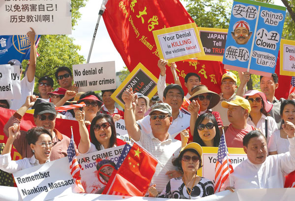 Los Angeles protesters confront Abe face to face