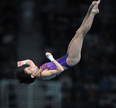 Chen Ruolin of China competes in the women's 10m platform final during the 16th FINA Diving World Cup tournament held at the National Aquatics Center in Beijing, Feb.20, 2008. Chen won the title with 449.35 points. [Xinhua]