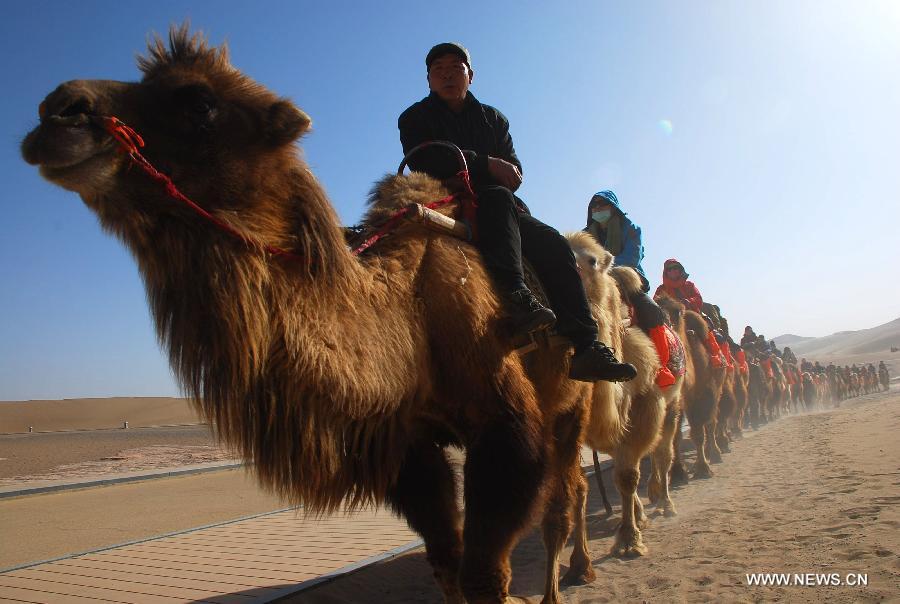 Tourists visit Crescent Moon Spring by camels