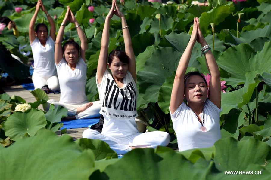 Fans practice yoga at lotus culture park in SE China's Fujian