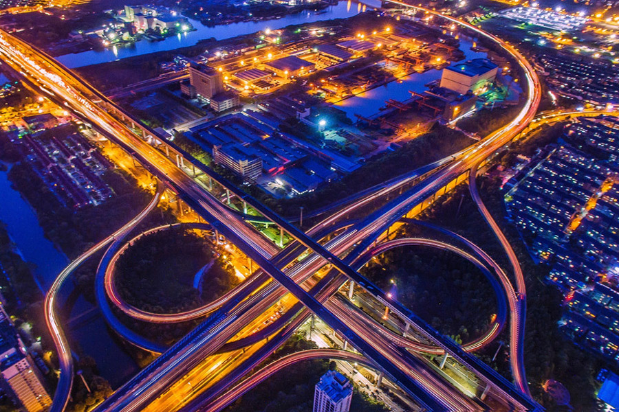 Overpass bridges in Hangzhou light up at night