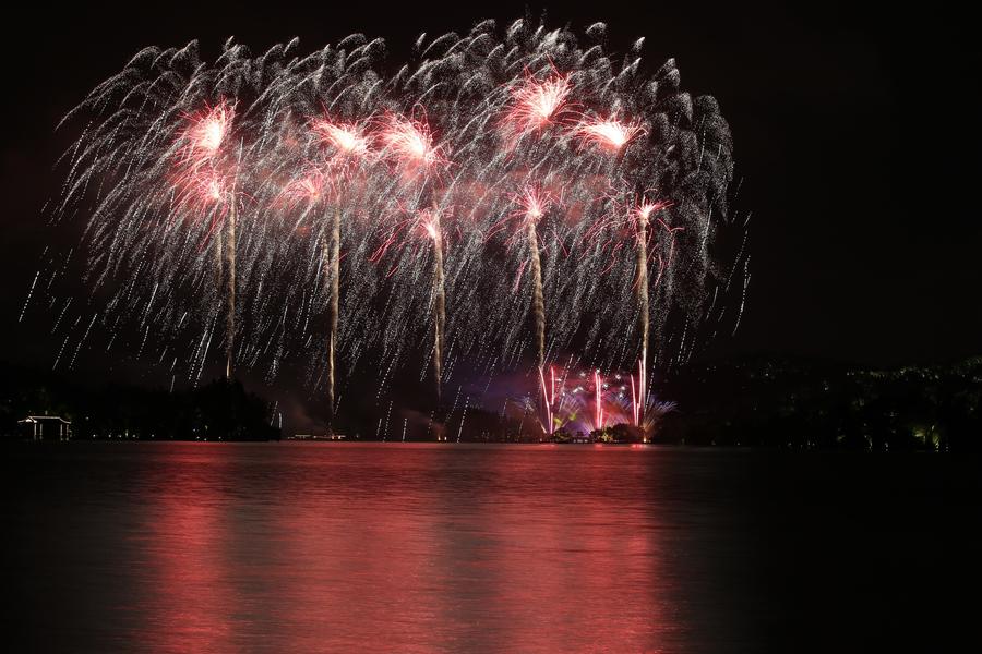 Fireworks light up sky over West Lake in Hangzhou