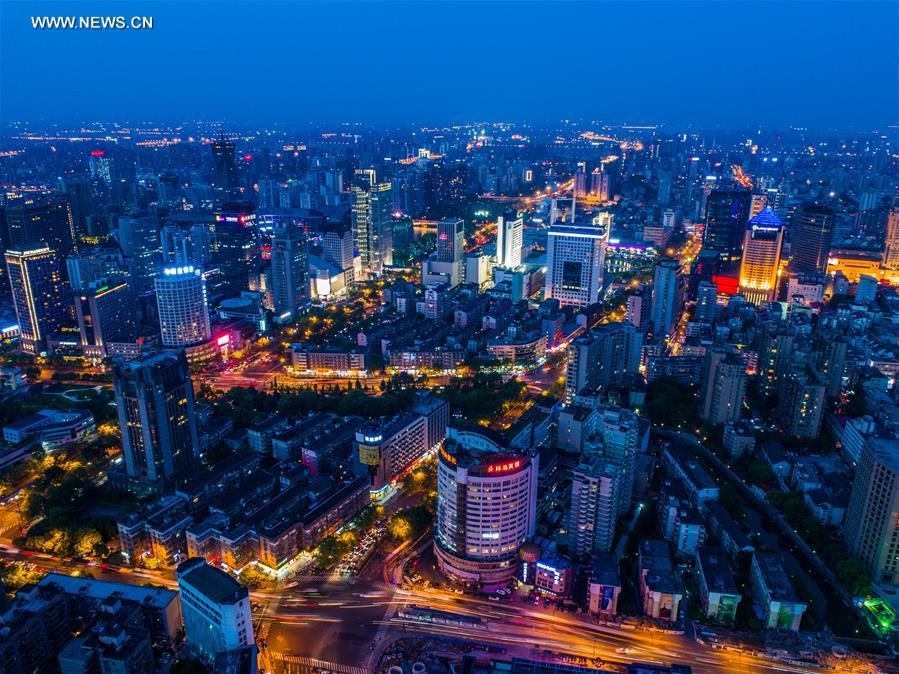 Night view of downtown Hangzhou in E China's Zhejiang