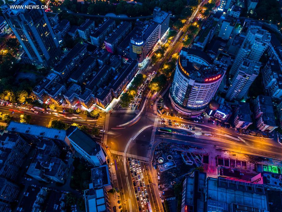 Night view of downtown Hangzhou in E China's Zhejiang