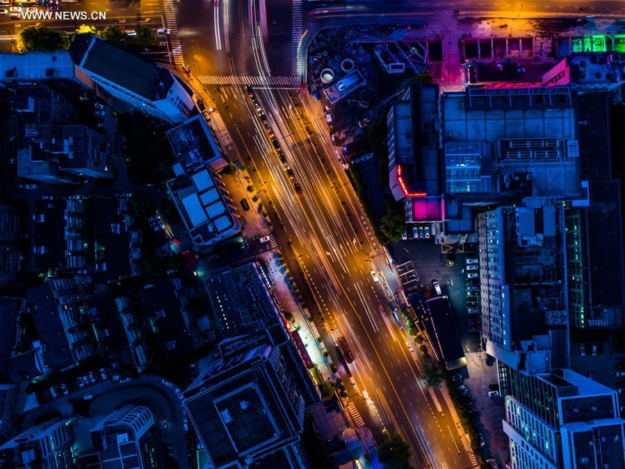 Night view of downtown Hangzhou in E China's Zhejiang