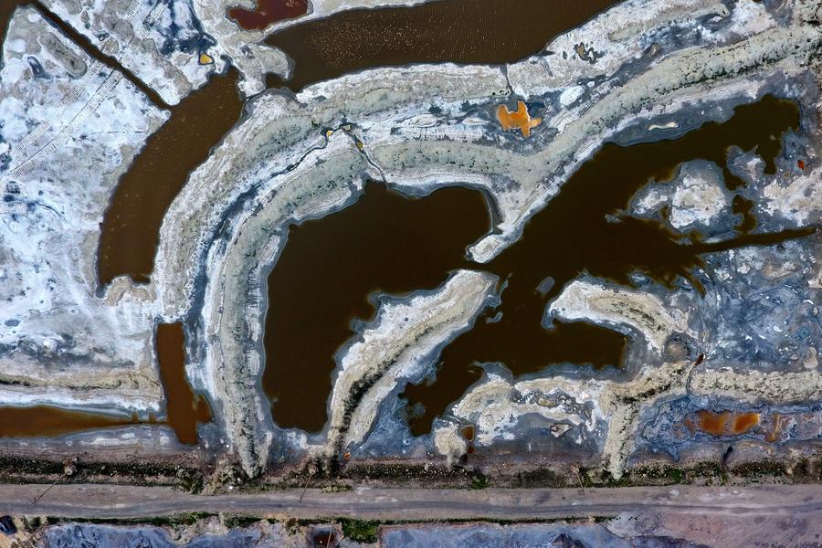 Aerial view of colorful salt lake in Shanxi province