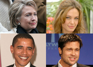 U.S. Democratic presidential hopefuls Sen. Barack Obama is a distant cousin of actor Brad Pitt and Hillary Clinton is related to Pitt's girlfriend Angelina Jolie, a genealogical society said Tuesday.