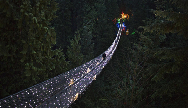 Suspension Bridge decorated in Christmas lights